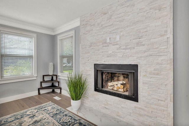 interior details featuring hardwood / wood-style floors, a stone fireplace, and ornamental molding