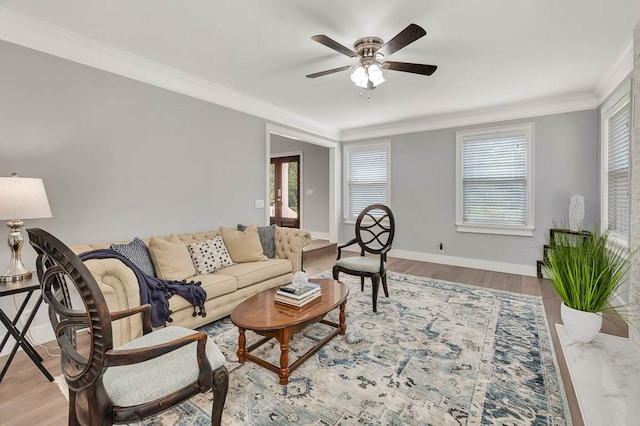 living room featuring hardwood / wood-style floors, ceiling fan, and crown molding