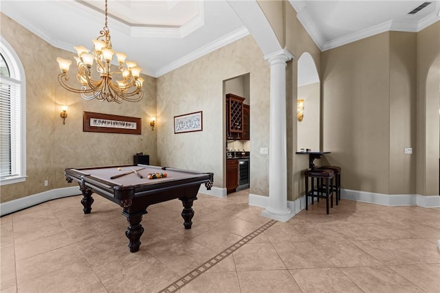 playroom featuring wine cooler, crown molding, pool table, light tile patterned floors, and decorative columns