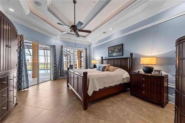 tiled bedroom with crown molding, access to outside, a raised ceiling, and ceiling fan