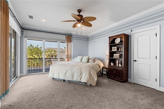 carpeted bedroom with access to outside, ornamental molding, and ceiling fan