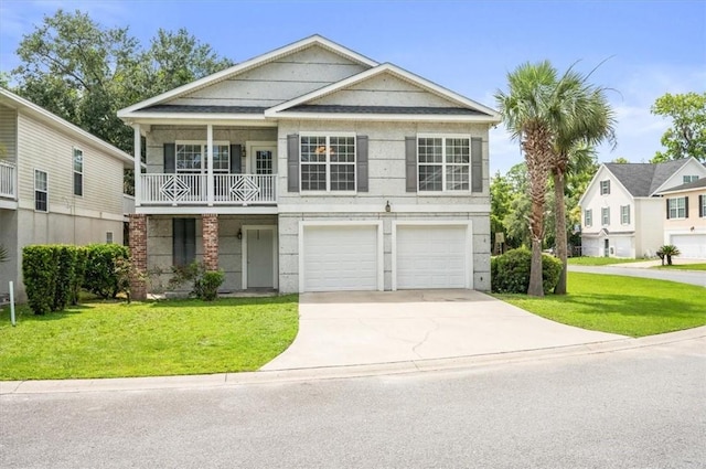 118 Drayton Cir, Brunswick, GA 31525 - view of front of home featuring driveway, a front yard, an attached garage, and a balcony