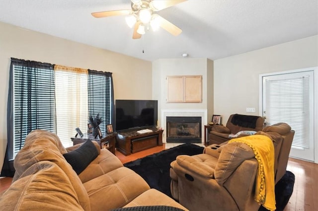 118 Drayton Cir, Brunswick, GA 31525 - living room featuring wood finished floors, a ceiling fan, and a fireplace