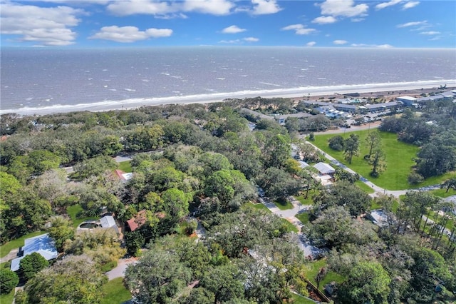 aerial view featuring a view of the beach and a water view