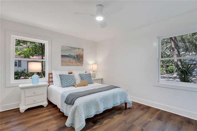 bedroom with multiple windows, ceiling fan, and dark hardwood / wood-style flooring