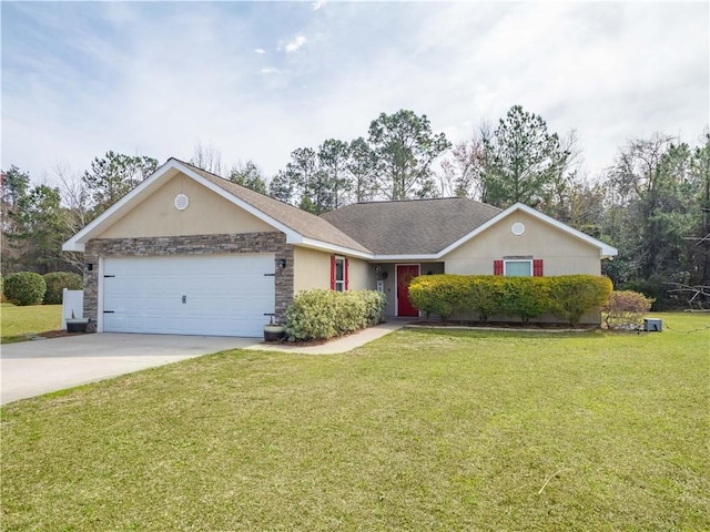 ranch-style home featuring a garage, a shingled roof, concrete driveway, stone siding, and a front lawn