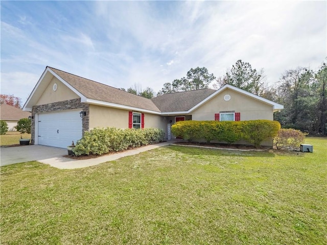 ranch-style home featuring an attached garage, concrete driveway, a front yard, and stucco siding