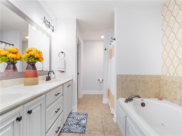 full bathroom with a garden tub, double vanity, tile patterned flooring, and a sink