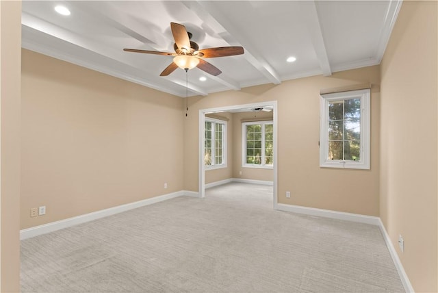 unfurnished room with light carpet, recessed lighting, a ceiling fan, and baseboards