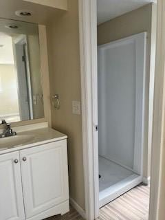 bathroom with vanity, wood finished floors, baseboards, and a shower