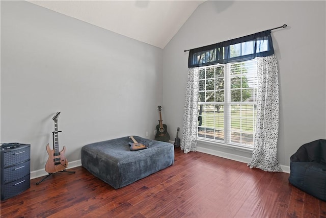 bedroom featuring multiple windows, lofted ceiling, and wood finished floors