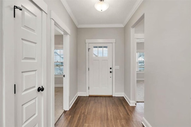 entrance foyer with ornamental molding and dark hardwood / wood-style flooring