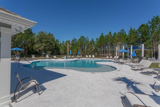 view of swimming pool with a patio area