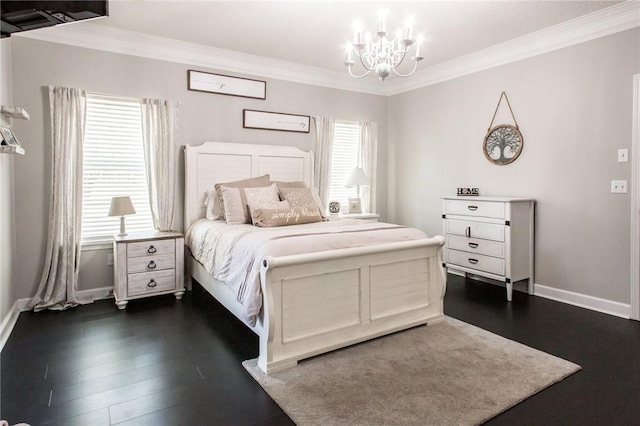 bedroom with an inviting chandelier, crown molding, dark hardwood / wood-style floors, and multiple windows