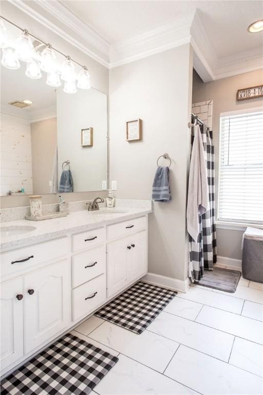 bathroom featuring vanity, ornamental molding, and a shower with curtain