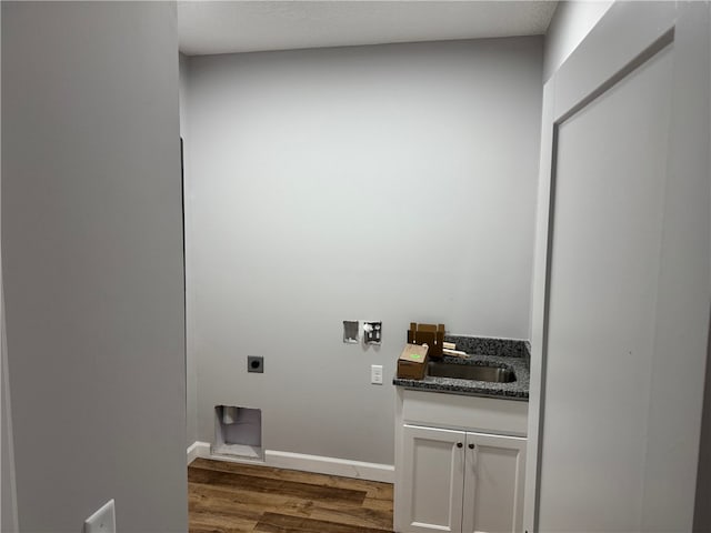 laundry room featuring hookup for an electric dryer, hookup for a washing machine, cabinets, dark hardwood / wood-style flooring, and sink