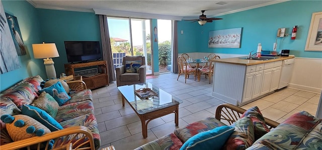 1175 N Beachview Dr Unit 311, Jekyll Island, GA 31527 - living area featuring crown molding, a ceiling fan, and light tile patterned floors