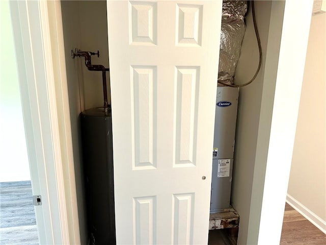 room details featuring hardwood / wood-style floors and water heater