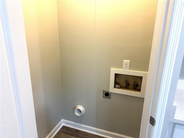 washroom with hookup for an electric dryer, hookup for a washing machine, and dark hardwood / wood-style flooring