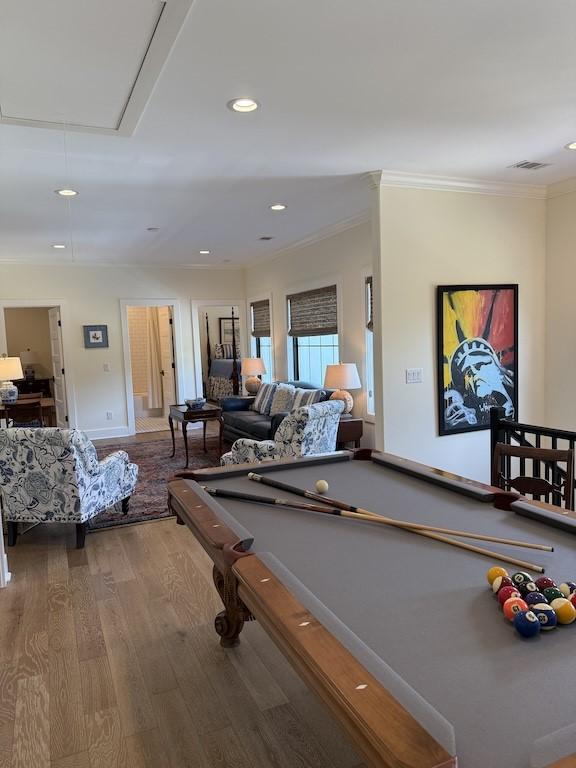 rec room with recessed lighting, attic access, ornamental molding, wood finished floors, and billiards