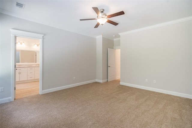 860 Kaitlyn Ave, Odum, GA 31555 - unfurnished bedroom featuring ceiling fan, light colored carpet, ornamental molding, and ensuite bath