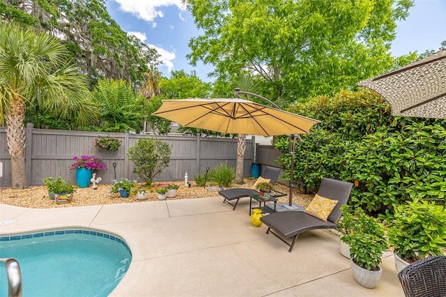 view of pool featuring fence and a patio area