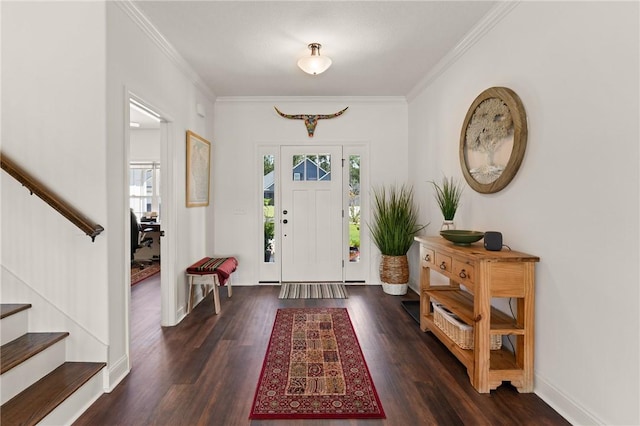 entryway with dark hardwood / wood-style floors, a healthy amount of sunlight, and ornamental molding