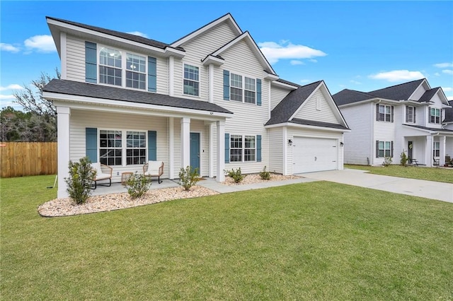 view of front facade featuring a front lawn, a porch, and a garage