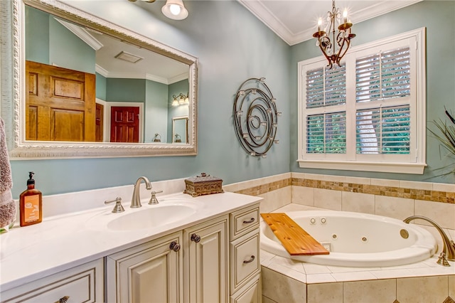 full bathroom with visible vents, a jetted tub, crown molding, vanity, and a notable chandelier