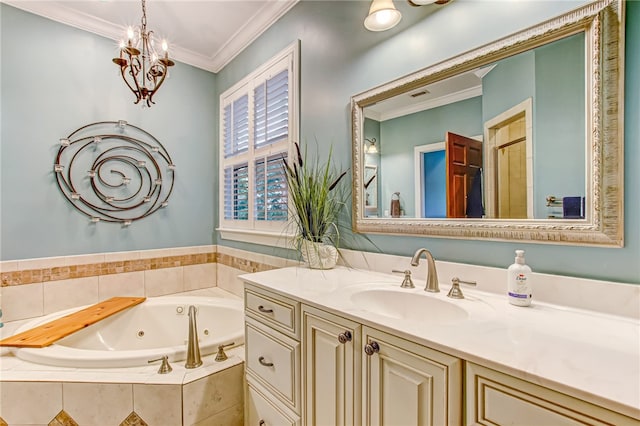 bathroom with a chandelier, vanity, a whirlpool tub, a shower with door, and crown molding