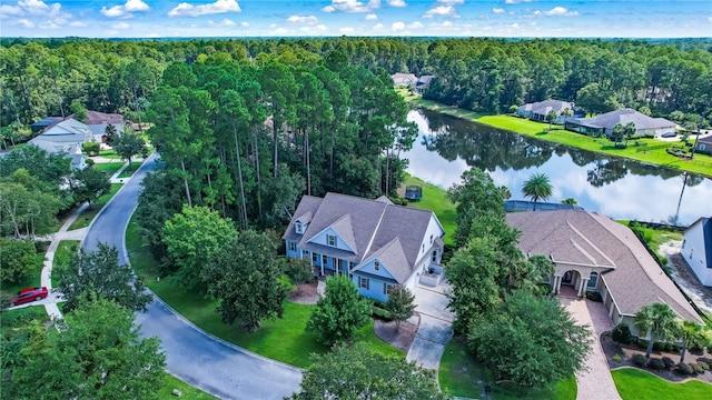 aerial view with a water view and a view of trees