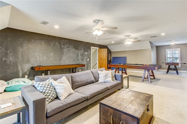 living room with baseboards, visible vents, light colored carpet, lofted ceiling, and recessed lighting