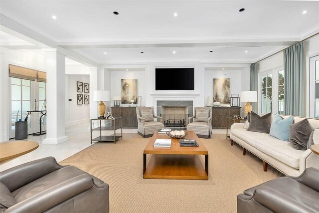 living room featuring ornamental molding, light carpet, and french doors