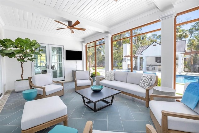 sunroom featuring ceiling fan, french doors, beamed ceiling, and wood ceiling