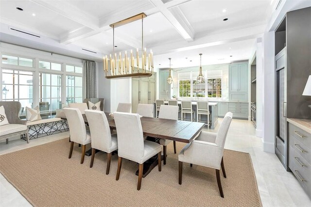 tiled dining space with beamed ceiling, coffered ceiling, and a notable chandelier