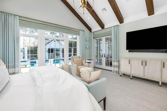 bedroom with light carpet, french doors, access to outside, a notable chandelier, and vaulted ceiling with beams