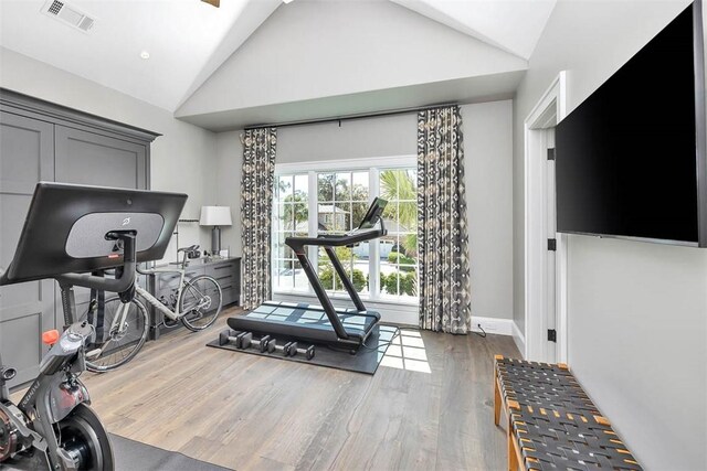 exercise area featuring high vaulted ceiling and dark wood-type flooring