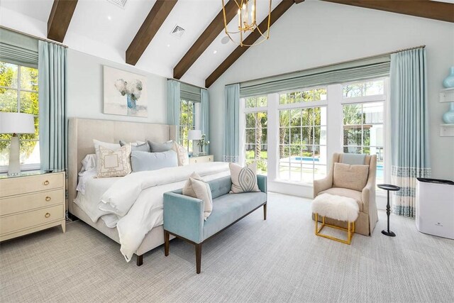 carpeted bedroom featuring beam ceiling, an inviting chandelier, high vaulted ceiling, and access to outside