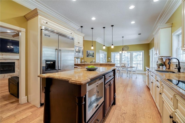 1151 W Mission Ln SE, Darien, GA 31305 - kitchen with built in appliances, a sink, light stone countertops, light wood-style flooring, and crown molding
