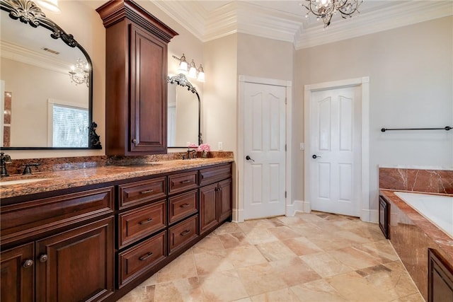 1151 W Mission Ln SE, Darien, GA 31305 - full bathroom featuring double vanity, crown molding, a bath, and a chandelier