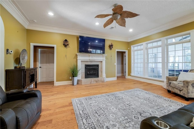 1151 W Mission Ln SE, Darien, GA 31305 - living area featuring crown molding, ceiling fan, light wood finished floors, a fireplace with raised hearth, and baseboards