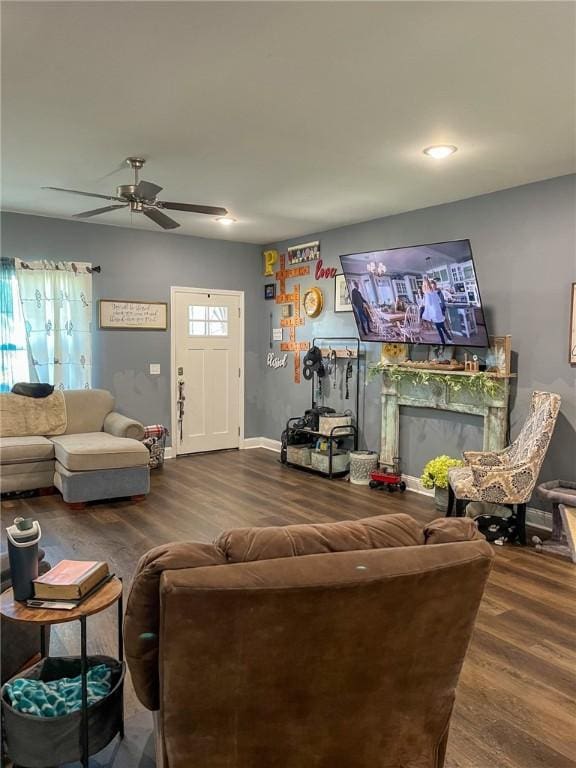 112 Eva Dr, Saint Marys, GA 31558 - living area with a fireplace, wood finished floors, ceiling fan, and recessed lighting