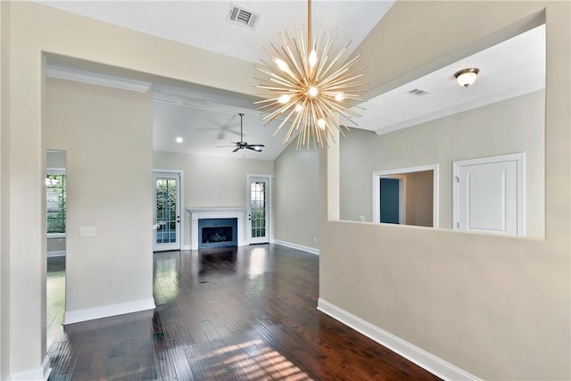 168 Township Bluff Cir, Saint Simons Island, GA 31522 - unfurnished living room featuring vaulted ceiling, ceiling fan with notable chandelier, and dark hardwood / wood-style floors