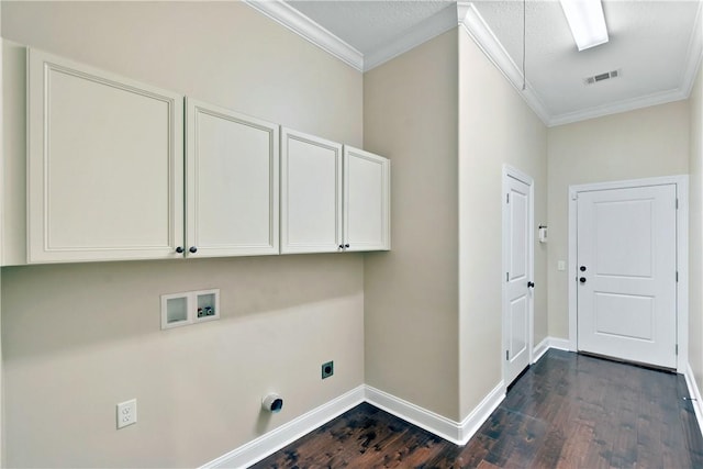 168 Township Bluff Cir, Saint Simons Island, GA 31522 - laundry area featuring electric dryer hookup, cabinets, dark wood-type flooring, washer hookup, and ornamental molding