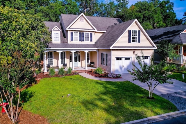 view of front of property with a front lawn, covered porch, and a garage