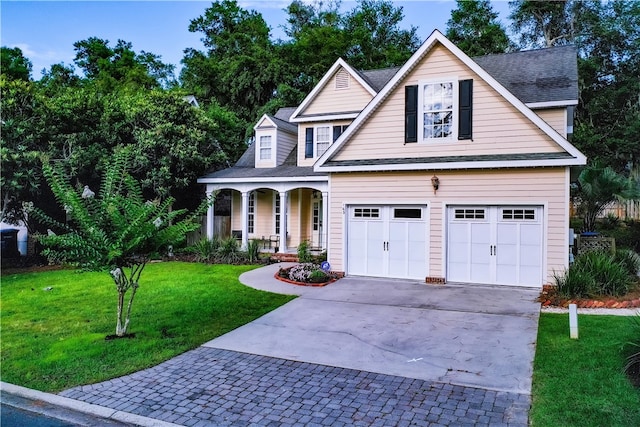 163 N Cottages Dr, Saint Simons Island, GA 31522 - traditional-style home featuring driveway, a porch, a front yard, roof with shingles, and an attached garage