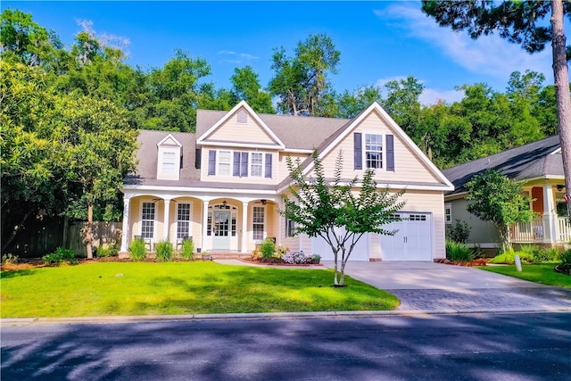 view of front of home with a front lawn, a porch, and a garage