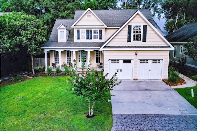 view of front of house with covered porch, a garage, and a front yard