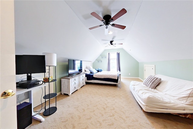163 N Cottages Dr, Saint Simons Island, GA 31522 - bedroom with light carpet, lofted ceiling, and ceiling fan