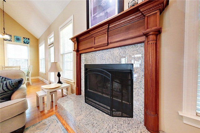 room details with hardwood / wood-style flooring and a fireplace